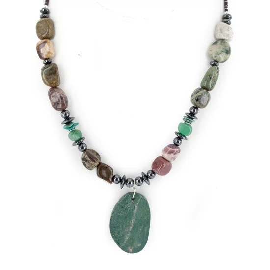 Certified Authentic Navajo .925 Sterling Silver Natural Turquoise Green Jasper Hematite Native American Necklace 16090-2