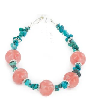 Certified Authentic Navajo .925 Sterling Silver Natural Turquoise Native American Pink Quartz Bracelet 12891-4