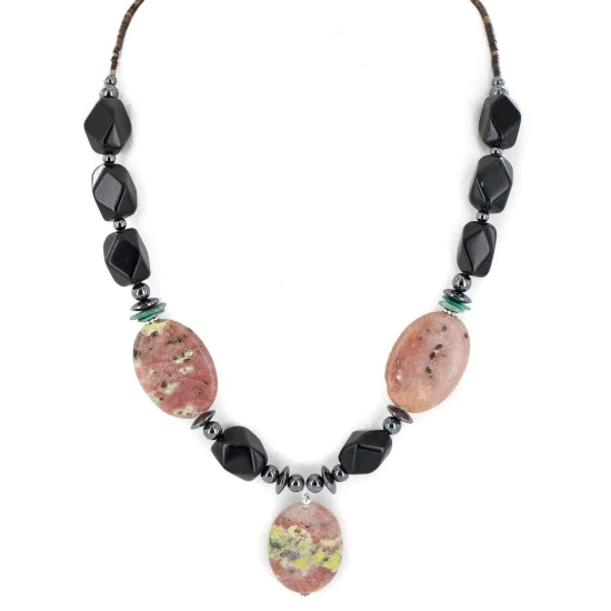Certified Authentic Navajo .925 Sterling Silver Natural Turquoise Pink Jasper Black Onyx Hematite Native American Necklace 16092-2