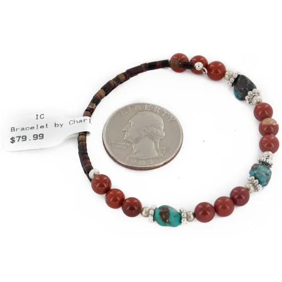 Certified Authentic Navajo Natural Turquoise Red Jasper Heishi Adjustable Wrap Native American Bracelet 12742-78