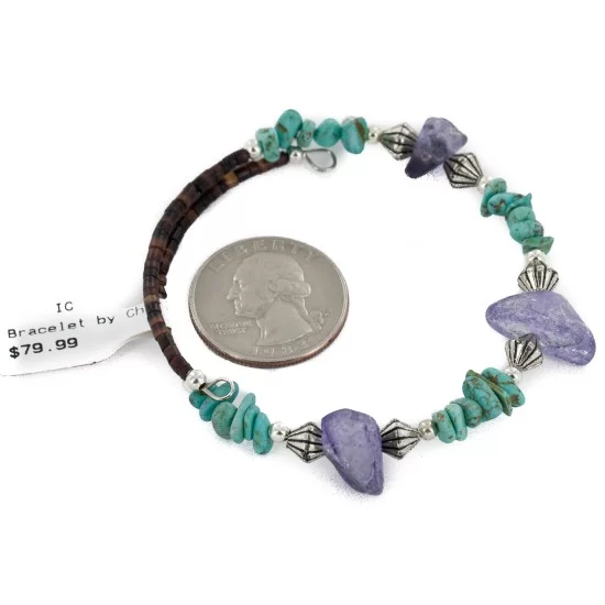 Certified Authentic Navajo Natural Turquoise Heishi Amethyst Adjustable Wrap Native American Bracelet 12742-70 Certified Authentic Navajo Natural Turquoise Heishi Amethyst Adjustable Wrap Native American Bracelet 12742-70