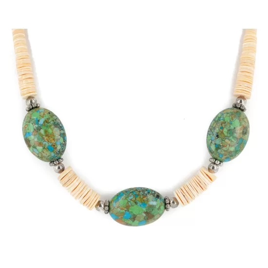 Certified Authentic Navajo .925 Sterling Silver Composite Gaspeite Graduated Melon Shell Native American Necklace 790106-105