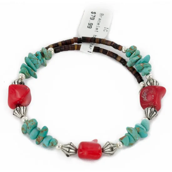 Certified Authentic Navajo Coral Natural Turquoise Heishi Adjustable Wrap Native American Bracelet 12742-75