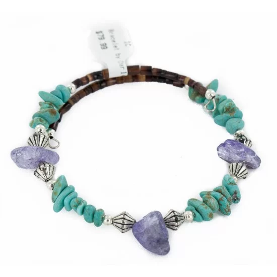 Navajo Natural Turquoise Amethyst Heishi Adjustable Wrap Bracelet 12742-76
