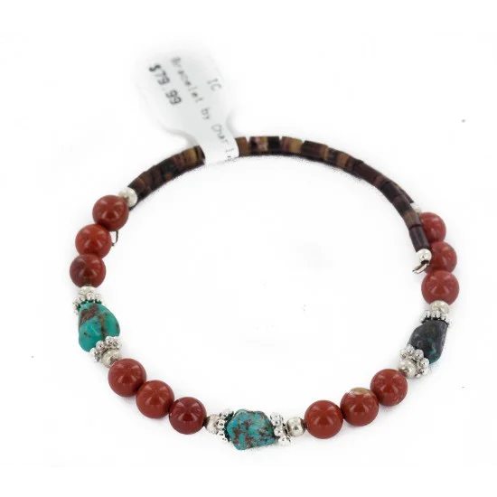 Certified Authentic Navajo Natural Turquoise Red Jasper Heishi Adjustable Wrap Native American Bracelet 12742-78