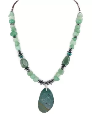 Certified Authentic Navajo .925 Sterling Silver Natural Turquoise Green Agate Jade Hematite Native American Necklace  16090-7