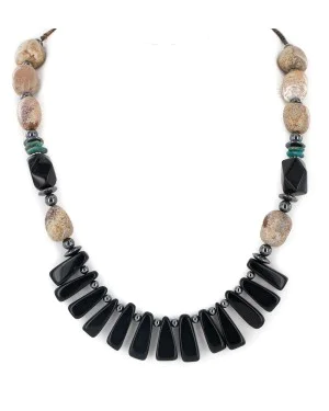 Certified Authentic Navajo .925 Sterling Silver Natural Turquoise Jasper Hematite Black Onyx Native American Necklace 16091-6