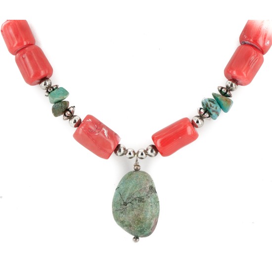 Certified Authentic Navajo .925 Sterling Silver Natural Turquoise Coral Native American Necklace 750100-16 Certified Authentic Navajo .925 Sterling Silver Natural Turquoise Coral Native American Necklace 750100-16