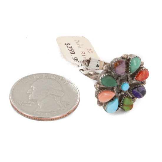 Petit Point Handmade Certified Authentic Zuni .925 Sterling Silver Natural Turquoise and Multicolor Native American Ring 16881 Petit Point Handmade Certified Authentic Zuni .925 Sterling Silver Natural Turquoise and Multicolor Native American Ring 16881