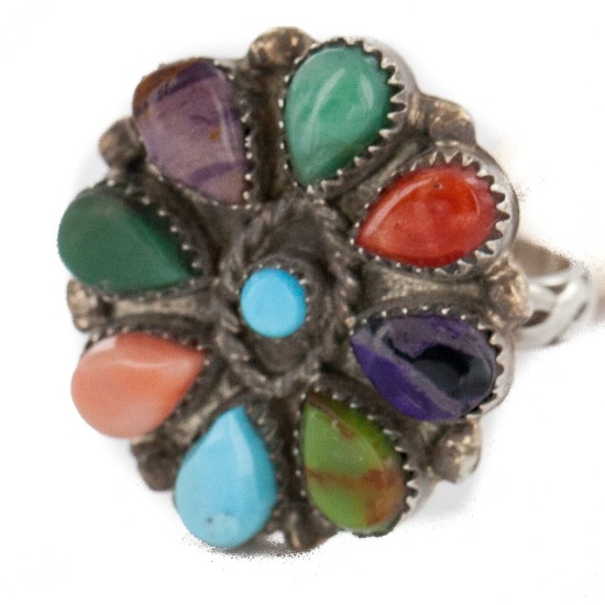 Petit Point Handmade Certified Authentic Zuni .925 Sterling Silver Natural Turquoise and Multicolor Native American Ring 16881 Petit Point Handmade Certified Authentic Zuni .925 Sterling Silver Natural Turquoise and Multicolor Native American Ring 16881