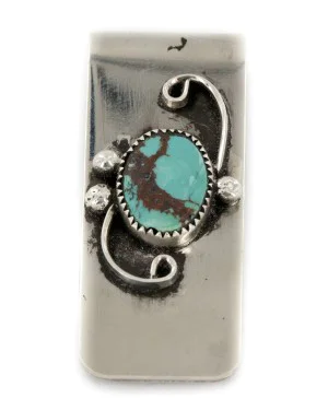 Handmade Certified Authentic Navajo Nickel and .925 Sterling Silver Natural Turquoise Native American Money Clip 11250-111