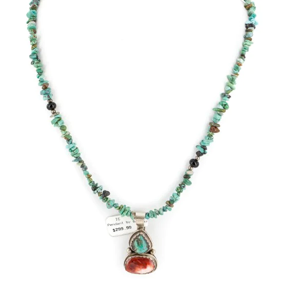 .925 Sterling Silver Certified Authentic Navajo Natural Turquoise Spiny Oyster Black Onyx Native American Necklace 15018-5-15781 .925 Sterling Silver Certified Authentic Navajo Natural Turquoise Spiny Oyster Black Onyx Native American Necklace 15018-5-15781