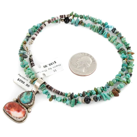 .925 Sterling Silver Certified Authentic Navajo Natural Turquoise Spiny Oyster Black Onyx Native American Necklace 15018-5-15781 .925 Sterling Silver Certified Authentic Navajo Natural Turquoise Spiny Oyster Black Onyx Native American Necklace 15018-5-15781