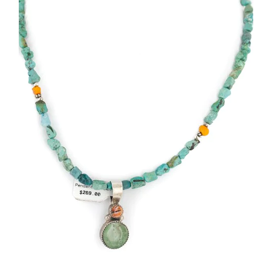 .925 Sterling Silver Certified Authentic Navajo Natural Turquoise Spiny Oyster Native American Necklace 14164-13-15781