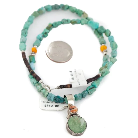 .925 Sterling Silver Certified Authentic Navajo Natural Turquoise Spiny Oyster Native American Necklace 14164-13-15781