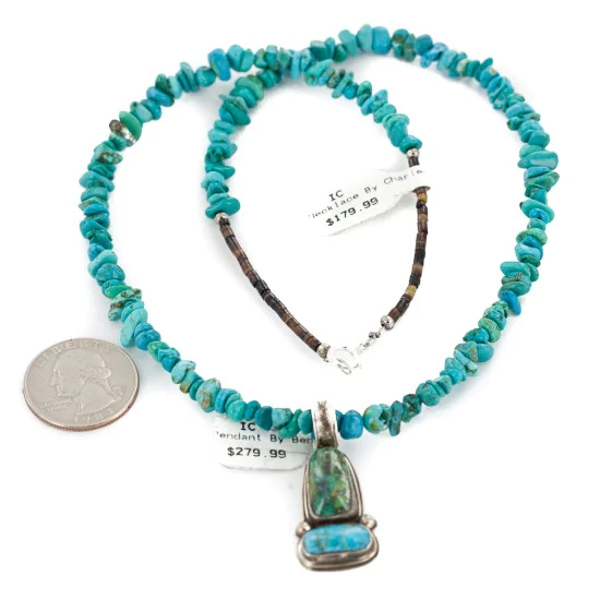 .925 Sterling Silver Certified Authentic Navajo Turquoise Native American Necklace 14476-6-15393 .925 Sterling Silver Certified Authentic Navajo Turquoise Native American Necklace 14476-6-15393