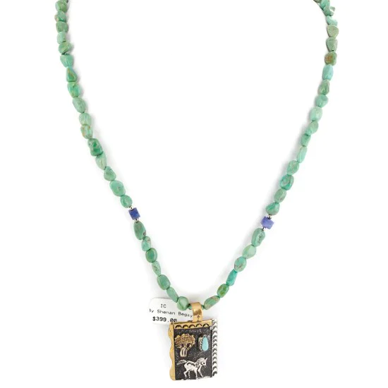 12kt Gold Filled .925 Sterling Silver Storyteller Handmade Certified Authentic Navajo Turquoise Lapis Native American Necklace 14456-5 12kt Gold Filled .925 Sterling Silver Storyteller Handmade Certified Authentic Navajo Turquoise Lapis Native American Necklace 14456-5