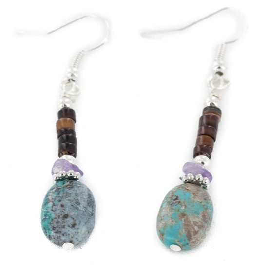 Certified Authentic Navajo .925 Sterling Silver Hooks Dangle Natural Amethyst Turquoise Native American Earrings 18106-13 All Products NB151215023439 18106-13 (by LomaSiiva)