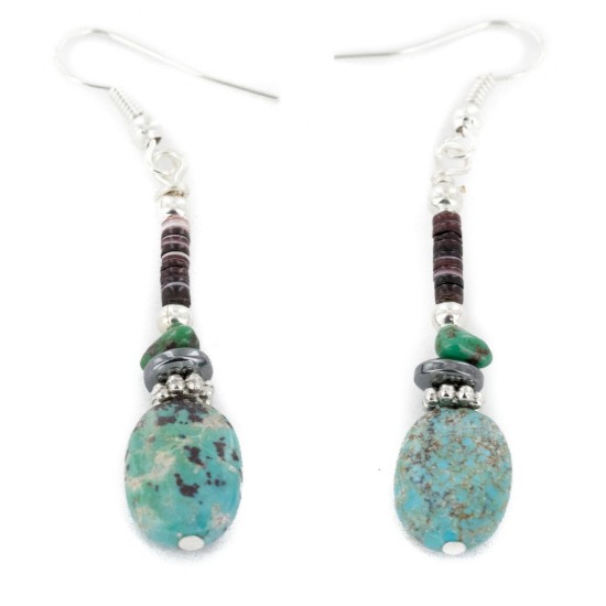Certified Authentic Navajo .925 Sterling Silver Hooks Dangle Natural Turquoise Hematite Native American Earrings 18106-6 All Products NB151215034504 18106-6 (by LomaSiiva)
