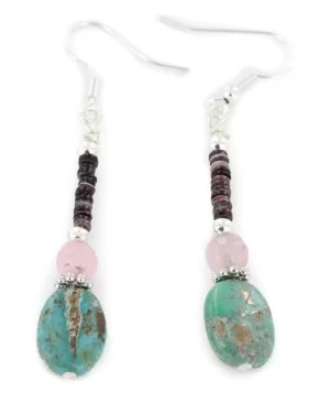 Navajo .925 Sterling Silver Dangle Earrings with Natural Turquoise and Pink Quartz 18106-10 Navajo .925 Sterling Silver Dangle Earrings with Natural Turquoise and Pink Quartz 18106-10