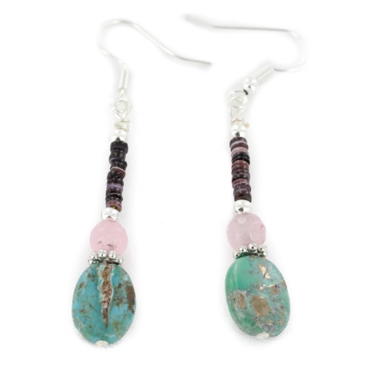 Certified Authentic Navajo .925 Sterling Silver Hooks Dangle Natural Turquoise Pink Quartz Native American Earrings 18106-10 All Products NB151215031829 18106-10 (by LomaSiiva)