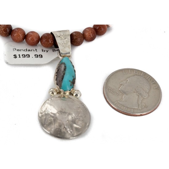 Vintage Style Buffalo Nickel and .925 Sterling Silver Handmade Certified Authentic Navajo Natural Turquoise Goldstone Native American Necklace 24412-2-16076-8 Vintage Style Buffalo Nickel and .925 Sterling Silver Handmade Certified Authentic Navajo Natural Turquoise Goldstone Native American Necklace 24412-2-16076-8