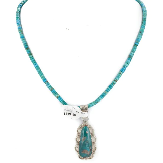 .925 Sterling Silver Handmade Certified Authentic Navajo Natural Carico Turquoise Native American Necklace 24410-2-15786