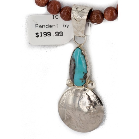 Vintage Style Buffalo Nickel and .925 Sterling Silver Handmade Certified Authentic Navajo Natural Turquoise Goldstone Native American Necklace 24412-2-16076-8 Vintage Style Buffalo Nickel and .925 Sterling Silver Handmade Certified Authentic Navajo Natural Turquoise Goldstone Native American Necklace 24412-2-16076-8