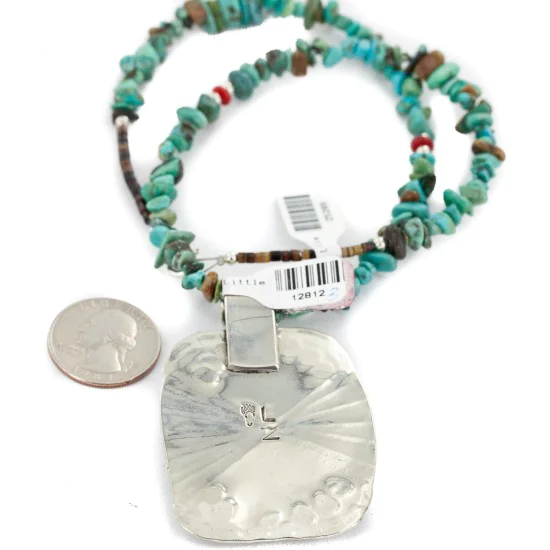 .925 Sterling Silver and Nickel Certified Authentic Handmade Navajo Turquoise Coral Native American Necklace 12812-3-25289