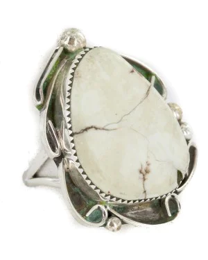 Handmade .925 Sterling Silver Certified Authentic Navajo Natural White Buffalo Native American Ring  17025-1