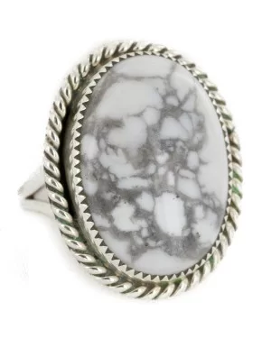 Handmade Oval Navajo .925 Sterling Silver Certified Authentic White Howlite Native American Ring  17025-4