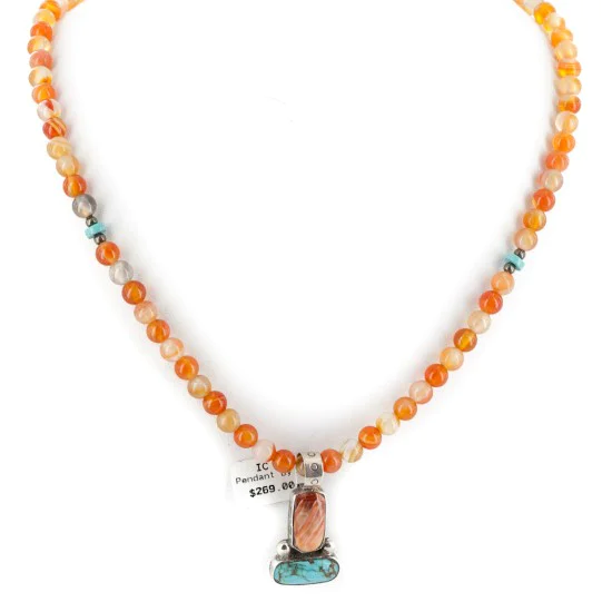 .925 Sterling Silver Certified Authentic Navajo Natural Turquoise Carnelian and Spiny Oyster Native American Necklace 14164-1-15338 .925 Sterling Silver Certified Authentic Navajo Natural Turquoise Carnelian and Spiny Oyster Native American Necklace 14164-1-15338