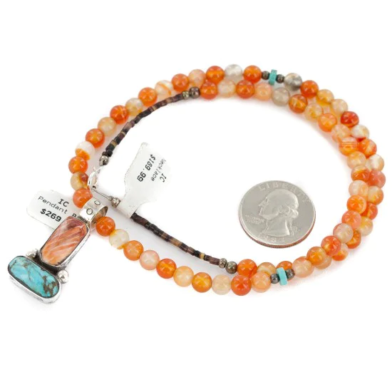 .925 Sterling Silver Certified Authentic Navajo Natural Turquoise Carnelian and Spiny Oyster Native American Necklace 14164-1-15338 .925 Sterling Silver Certified Authentic Navajo Natural Turquoise Carnelian and Spiny Oyster Native American Necklace 14164-1-15338
