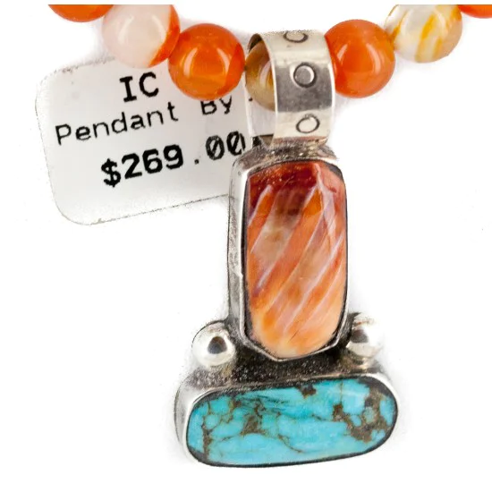 .925 Sterling Silver Certified Authentic Navajo Natural Turquoise Carnelian and Spiny Oyster Native American Necklace 14164-1-15338 .925 Sterling Silver Certified Authentic Navajo Natural Turquoise Carnelian and Spiny Oyster Native American Necklace 14164-1-15338