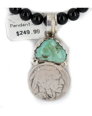 Vintage Style Buffalo Nickel .925 Sterling Silver Certified Authentic Navajo Natural Black Onyx Turquoise Native American Necklace 740105-5-102247 Vintage Style Buffalo Nickel .925 Sterling Silver Certified Authentic Navajo Natural Black Onyx Turquoise Native American Necklace 740105-5-102247