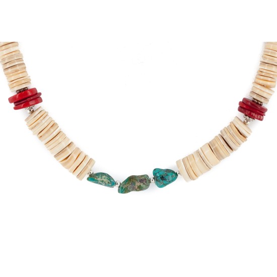 Certified Authentic Navajo .925 Sterling Silver Coral Natural Turquoise Graduated Melon Shell Native American Necklace 25289-5 Certified Authentic Navajo .925 Sterling Silver Coral Natural Turquoise Graduated Melon Shell Native American Necklace 25289-5