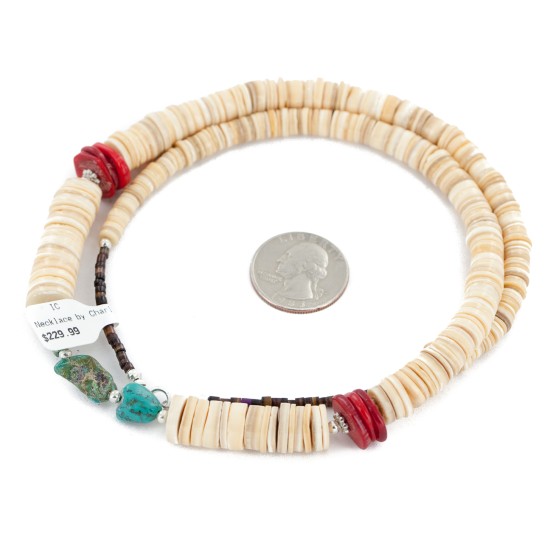 Certified Authentic Navajo .925 Sterling Silver Coral Natural Turquoise Graduated Melon Shell Native American Necklace 25289-5 Certified Authentic Navajo .925 Sterling Silver Coral Natural Turquoise Graduated Melon Shell Native American Necklace 25289-5