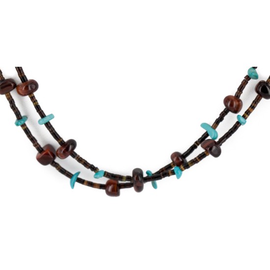 2 Strand Certified Authentic Navajo .925 Sterling Silver Natural Turquoise Red Jasper Native American Necklace  15546-13