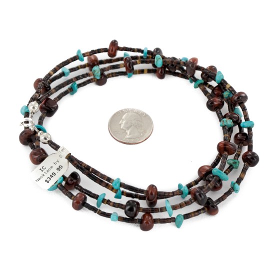 2 Strand Certified Authentic Navajo .925 Sterling Silver Natural Turquoise Red Jasper Native American Necklace  15546-13