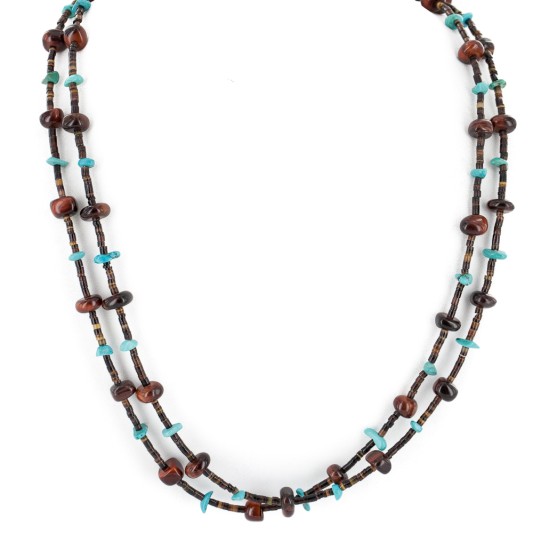2 Strand Certified Authentic Navajo .925 Sterling Silver Natural Turquoise Red Jasper Native American Necklace  15546-13