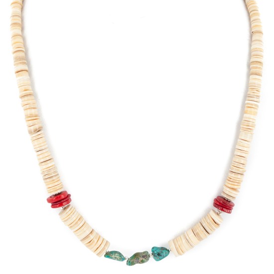 Certified Authentic Navajo .925 Sterling Silver Coral Natural Turquoise Graduated Melon Shell Native American Necklace 25289-5 Certified Authentic Navajo .925 Sterling Silver Coral Natural Turquoise Graduated Melon Shell Native American Necklace 25289-5
