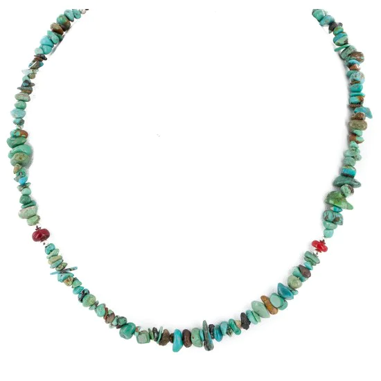 Certified Authentic Navajo .925 Sterling Silver Natural Turquoise Coral Chain Native American Necklace 25289-1