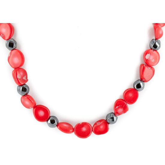 Certified Authentic Navajo .925 Sterling Silver Coral Hematite Native American Necklace 25215-104 Certified Authentic Navajo .925 Sterling Silver Coral Hematite Native American Necklace 25215-104