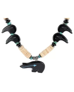 Bear Certified Authentic Navajo .925 Sterling Silver Natural Graduated Melon Shell Turquoise Resin Black Onyx Hematite Native American Necklace 25225-2