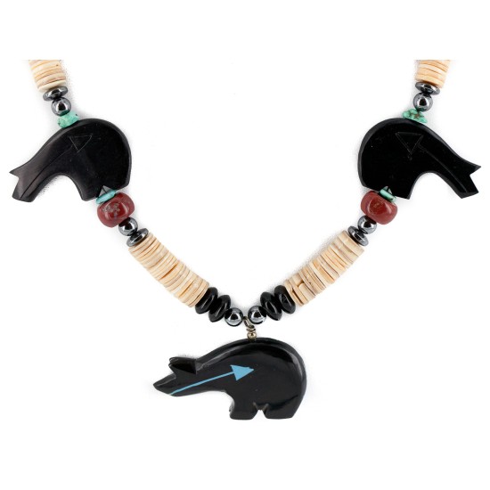 Bear Certified Authentic Navajo .925 Sterling Silver Natural Graduated Melon Shell Turquoise Resin Black Onyx Red Jasper Hematite Native American Necklace 25225-4 Bear Certified Authentic Navajo .925 Sterling Silver Natural Graduated Melon Shell Turquoise Resin Black Onyx Red Jasper Hematite Native American Necklace 25225-4