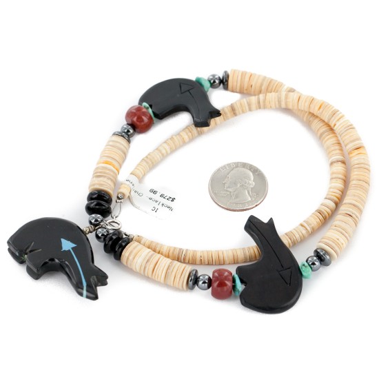 Bear Certified Authentic Navajo .925 Sterling Silver Natural Graduated Melon Shell Turquoise Resin Black Onyx Red Jasper Hematite Native American Necklace 25225-4 Bear Certified Authentic Navajo .925 Sterling Silver Natural Graduated Melon Shell Turquoise Resin Black Onyx Red Jasper Hematite Native American Necklace 25225-4