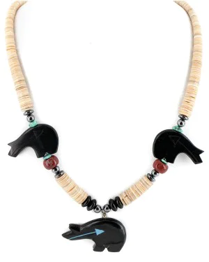 Bear Certified Authentic Navajo .925 Sterling Silver Natural Graduated Melon Shell Turquoise Resin Black Onyx Red Jasper Hematite Native American Necklace 25225-4