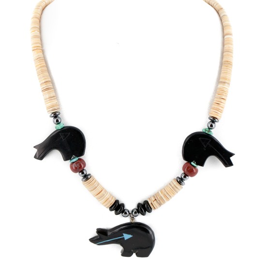Bear Certified Authentic Navajo .925 Sterling Silver Natural Graduated Melon Shell Turquoise Resin Black Onyx Red Jasper Hematite Native American Necklace 25225-4 Bear Certified Authentic Navajo .925 Sterling Silver Natural Graduated Melon Shell Turquoise Resin Black Onyx Red Jasper Hematite Native American Necklace 25225-4