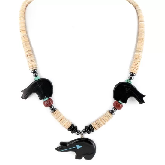 Bear Certified Authentic Navajo .925 Sterling Silver Natural Graduated Melon Shell Turquoise Resin Black Onyx Red Jasper Hematite Native American Necklace 25225-4