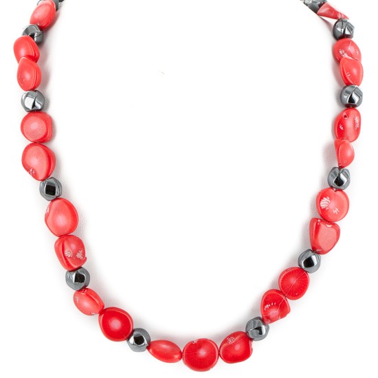 Certified Authentic Navajo .925 Sterling Silver Coral Hematite Native American Necklace 25215-104 Certified Authentic Navajo .925 Sterling Silver Coral Hematite Native American Necklace 25215-104